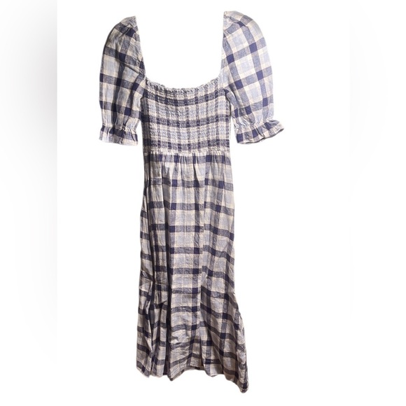 Reformation “Marbella” A-Line Short Sleeve Square Neck Blue Plaid Midi Dress XXS - Picture 2 of 4